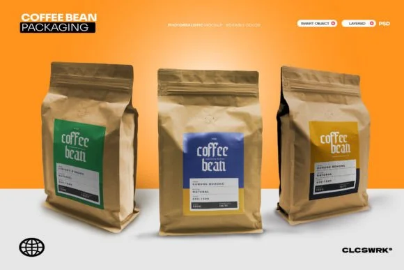 Coffee Bean Zip Packaging Mockup PSD
